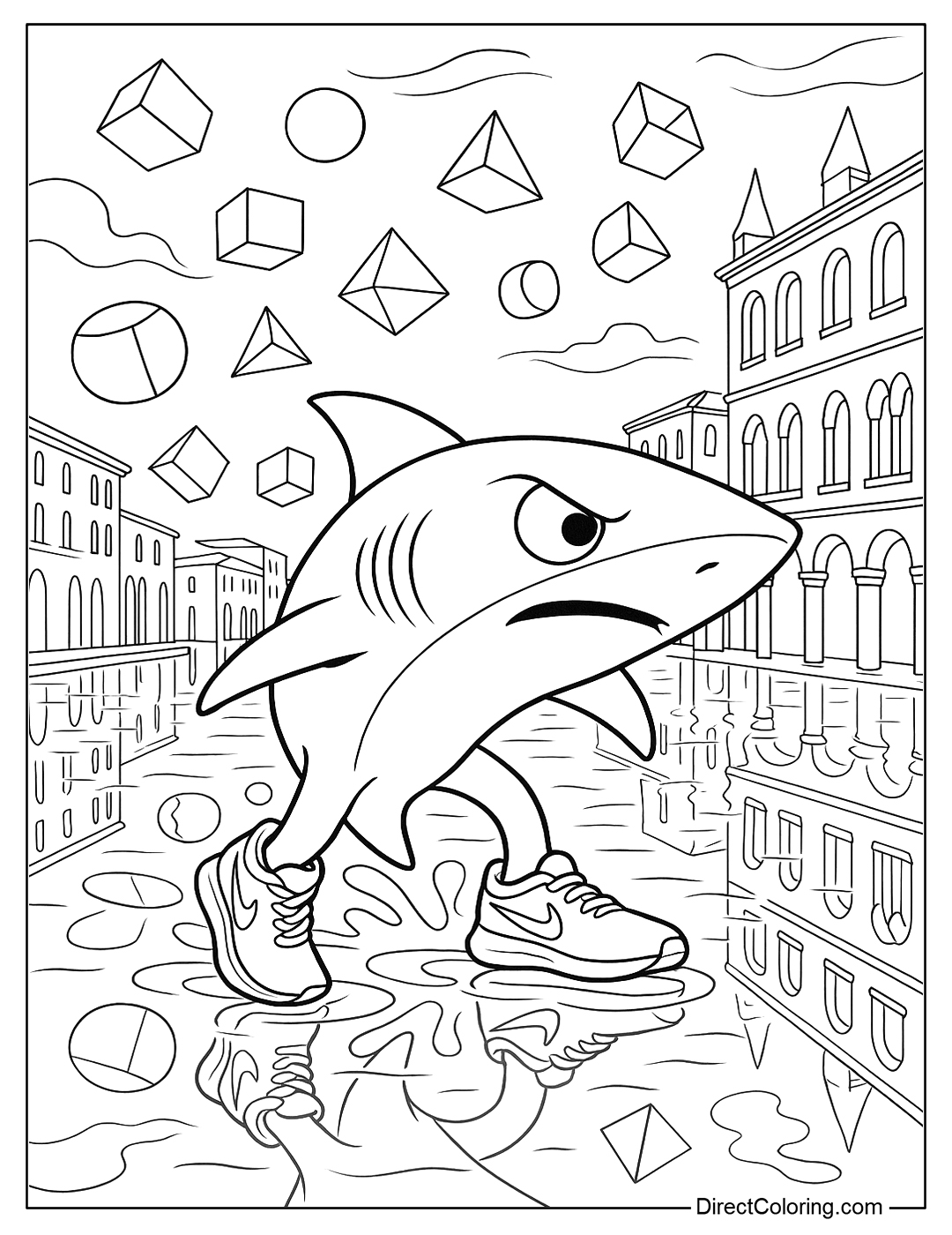 Tralalero Coloring Page walks on the water of Venice, surrounded by surreal reflections